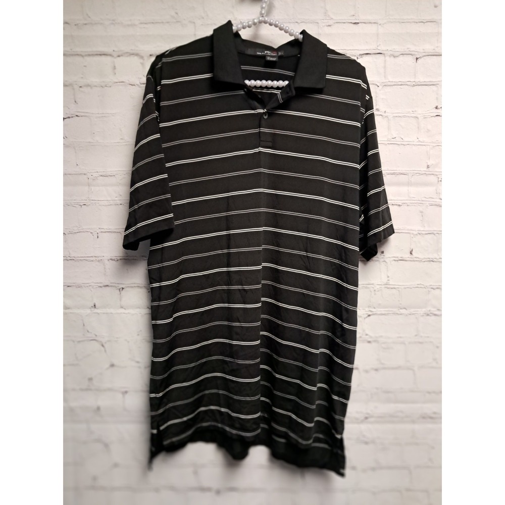 Ralph‎ Lauren Large White And Gray Striped Black Polo-Mens Large